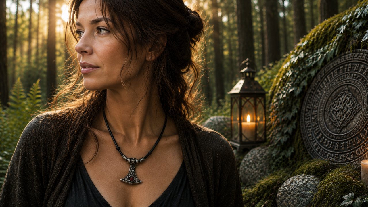 Femme contemporaine portant un collier viking artisanal dans une forêt sacrée inspirée des légendes vikings et celtiques, entourée de pierres gravées de runes et d'une lumière chaleureuse.