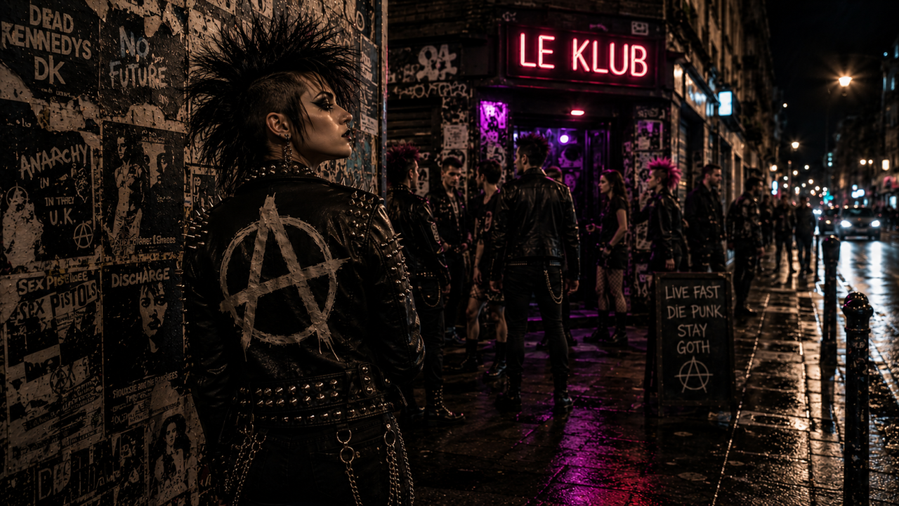 Femme punk en perfecto noir avec symbole anarchiste devant un club underground la nuit