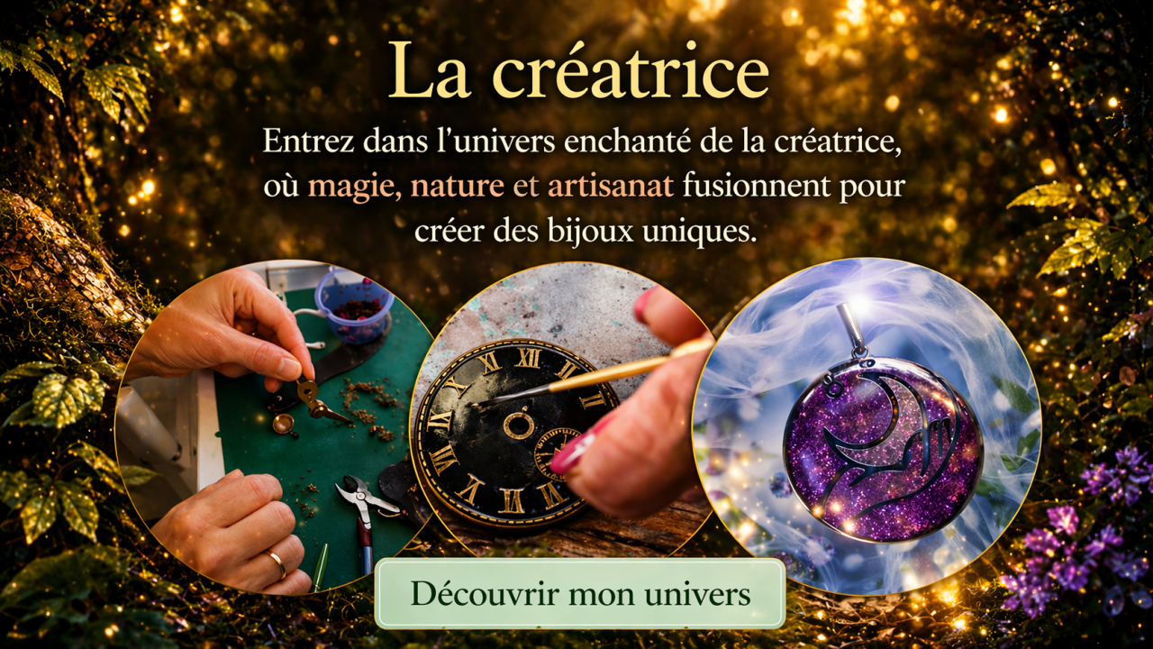 Image illustrant une créatrice de bijoux fantaisie dans un univers féerique et naturel, mettant en avant un travail artisanal minutieux et des créations uniques inspirées par la magie et la nature.