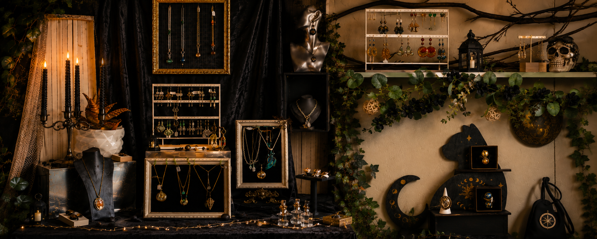 Showroom Les Fantaisies d’A présentant des bijoux artisanaux inspirés de la fantasy et des mythologies anciennes