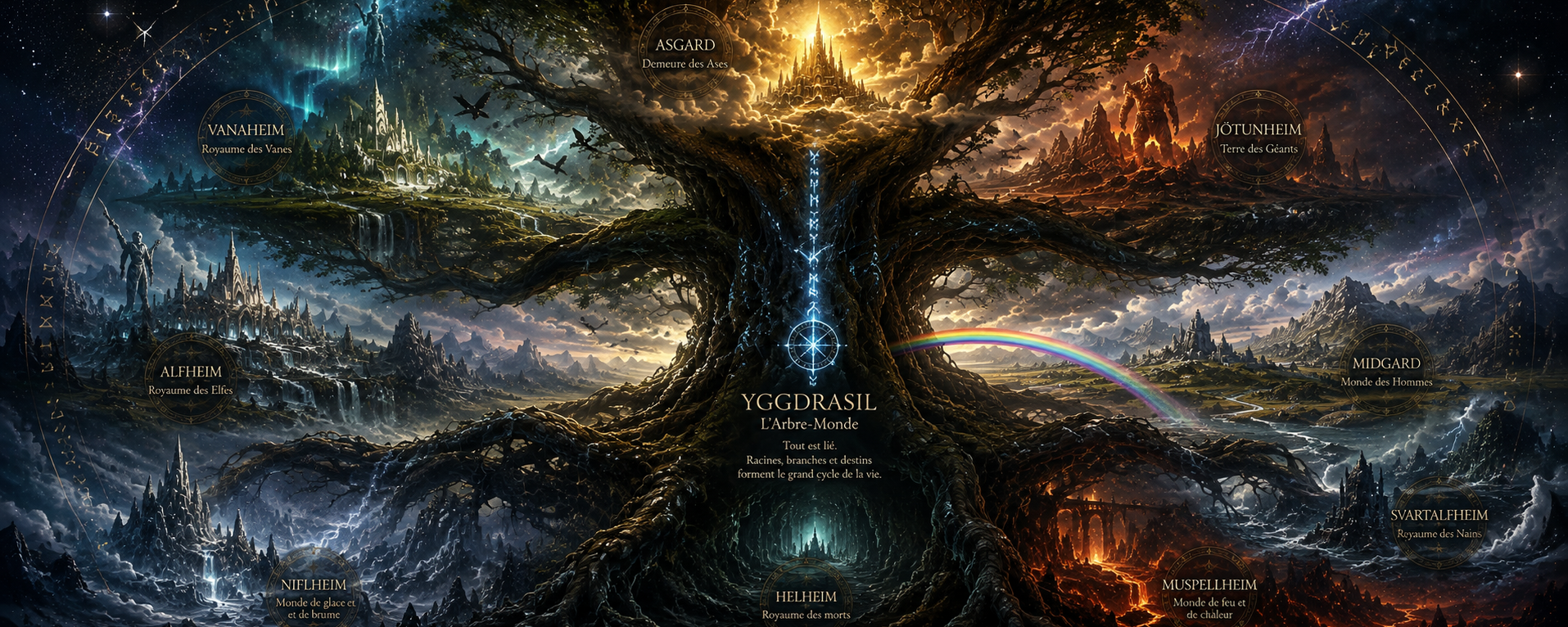 Illustration de Yggdrasil, l'Arbre-Monde de la mythologie nordique, reliant les Neuf Mondes : Asgard, Midgard, Vanaheim, Jötunheim, Alfheim, Svartalfheim, Niflheim, Muspellheim et Helheim, dans un univers inspiré des légendes vikings et celtiques.