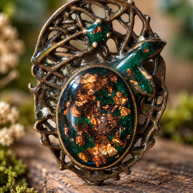 Gros plan sur le travail artisanal de L’Orée du Monde et son cabochon aux nuances profondes de vert et de cuivre.