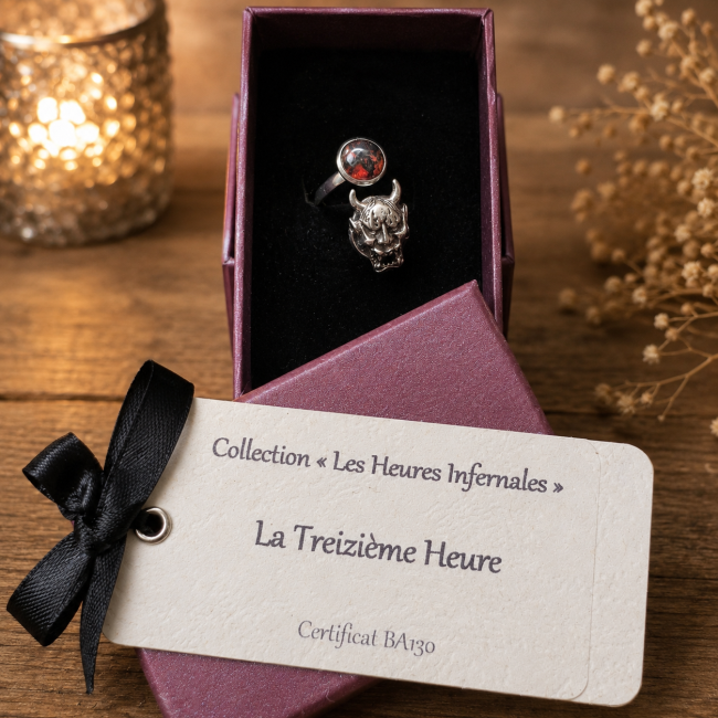 La Treizième Heure, bague gothique double cabochon présentée dans son écrin avec sa carte d'identification et son certificat numéroté BA130.