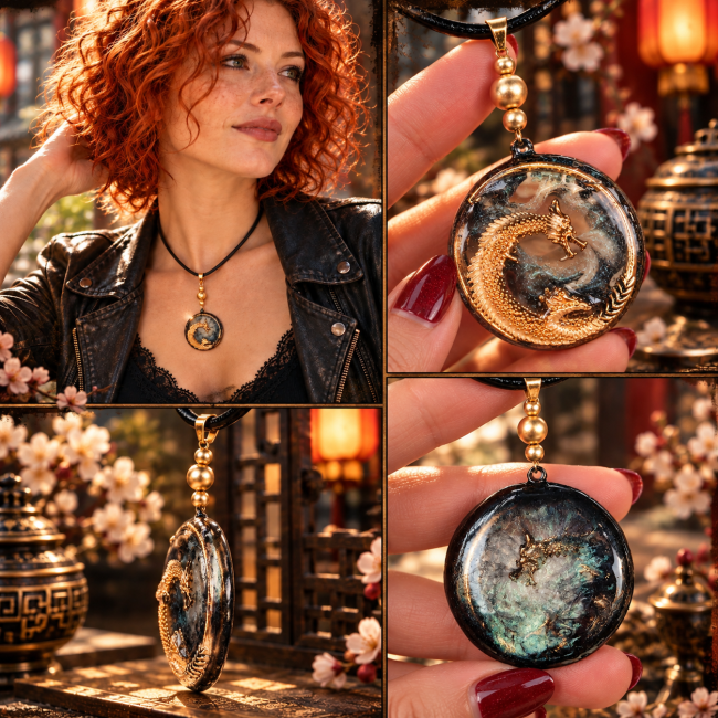 Montage présentant le collier Ao Jun porté et les détails du médaillon dragon chinois translucide