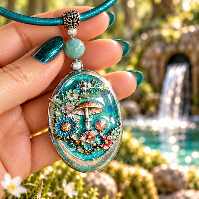 Gros plan sur le pendentif d’un collier artisanal turquoise, médaillon émaillé à la main, perle centrale en jade. 