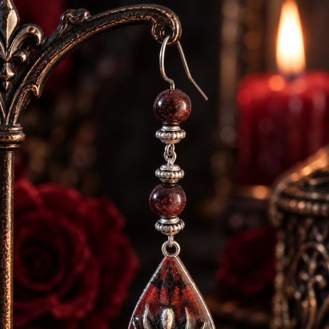 Le Fil d’Atropos – Attache ornée de grenat et acier Zoom sur l’attache crochet d’une boucle d’oreille gothique Le Fil d’Atropos, ornée de perles de grenat et d’éléments en acier