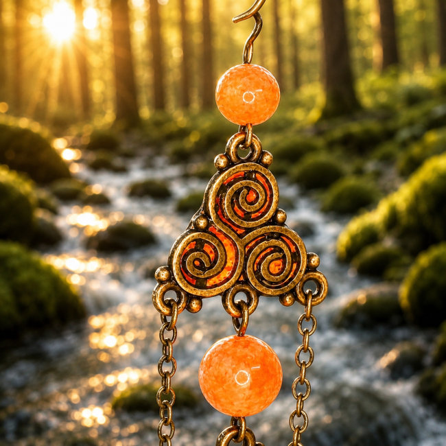 Zoom sur les détails du Veilleur des Runes, collection Hrafnseiðr. Le triskel ajouré aux reflets cuivrés et les perles orange translucides capturent la lumière d’une forêt nordique au coucher du soleil dans un rendu réaliste fidèle au bijou original.