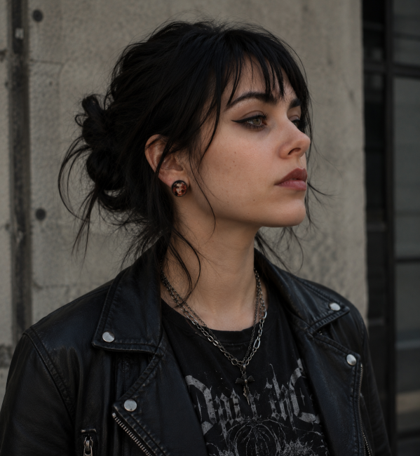 Boucle d’oreille gothique Les Hell portée – Style rock alternatif femme Grand clou d’oreille gothique “Les Hell” porté par une femme au style rock alternatif. Bijou artisanal dark chic, cabochon illustré et esthétique contemporaine underground.