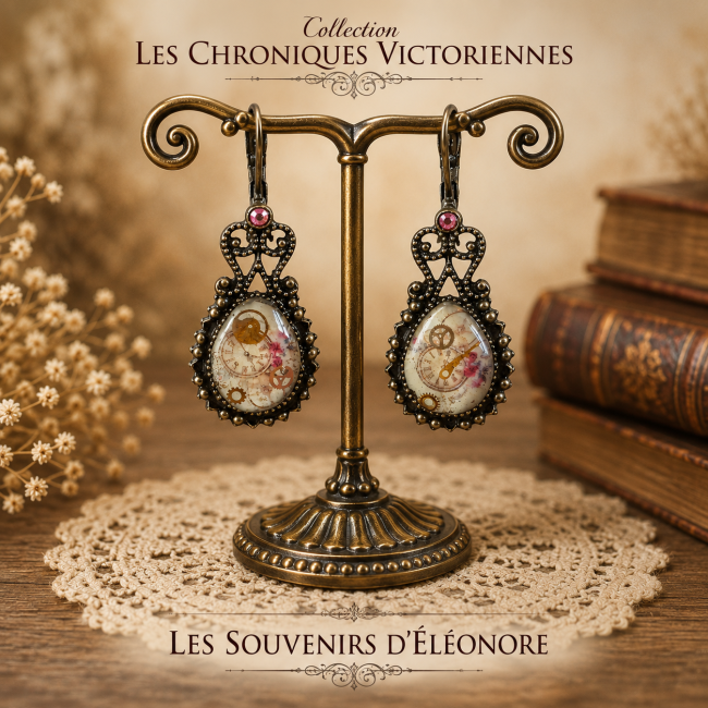 Les Souvenirs d'Éléonore – Boucles d'oreilles steampunk vintage | Les Chroniques Victoriennes Boucles d'oreilles Les Souvenirs d'Éléonore en laiton bronze vieilli avec véritables rouages d'horlogerie – Collection Les Chroniques Victoriennes