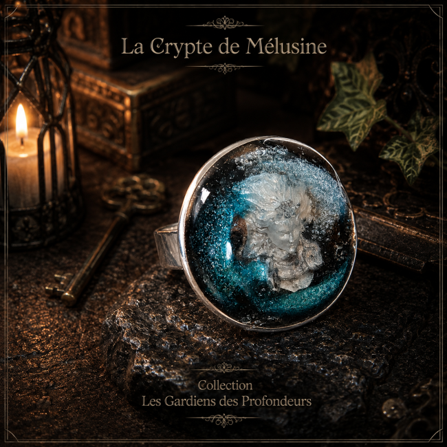 Bague femme La Crypte de Mélusine au cabochon bleu et argent, création artisanale médiévale