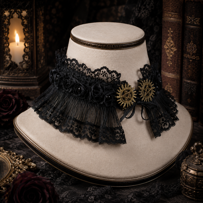 L’Orbe des Enchanteresses – Présentation sur buste Tour de cou gothique en dentelle noire L’Orbe des Enchanteresses présenté sur un buste