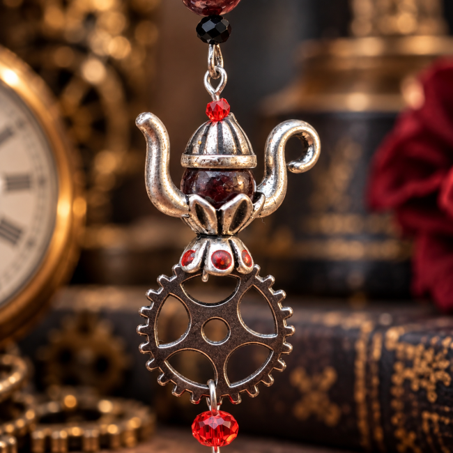 Détail théière et engrenage – Les Tasses de la Reine Rouge Gros plan sur les détails travaillés d’une boucle d’oreille Les Tasses de la Reine Rouge : théière miniature, engrenage mécanique et touches de grenat rouge.