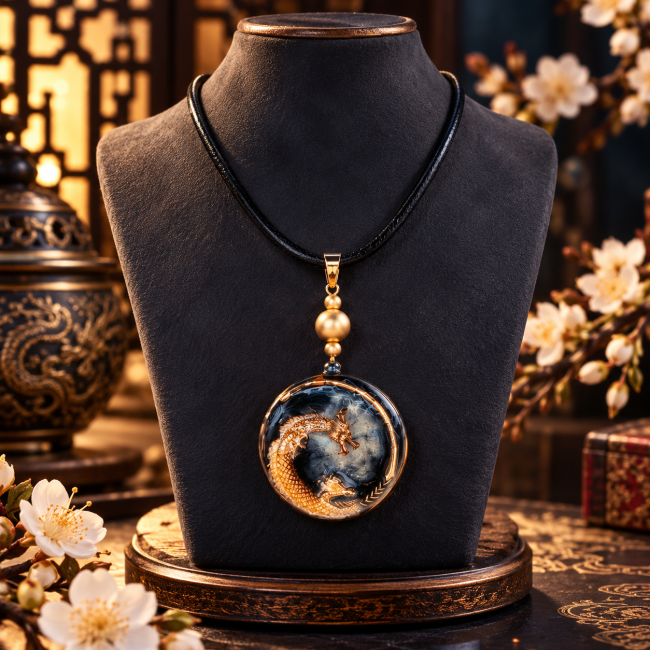 Collier Ao Jun porté sur un buste, médaillon dragon chinois et cordon noir, bijou artisanal