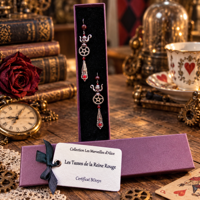 Les Tasses de la Reine Rouge dans leur écrin – Les Merveilles d’Alice Les boucles d’oreilles Les Tasses de la Reine Rouge présentées dans leur écrin, accompagnées de leur carte d’identification et certificat BO0511, prêtes à offrir.