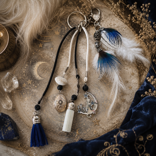 Vue détaillée du porte-clés Le Chat de la Lune avec pompon bleu, plumes naturelles, médaillon et symboles célestes artisanaux.