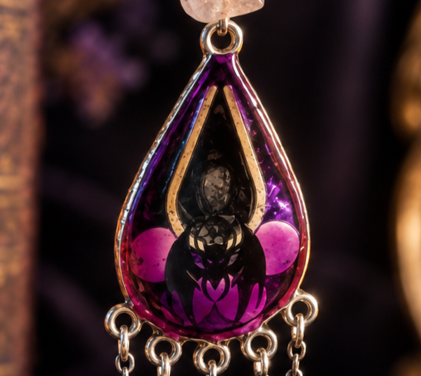 Filigrane visible à travers l’émail transparent d’une boucle d’oreille gothique La Toile de Clotho