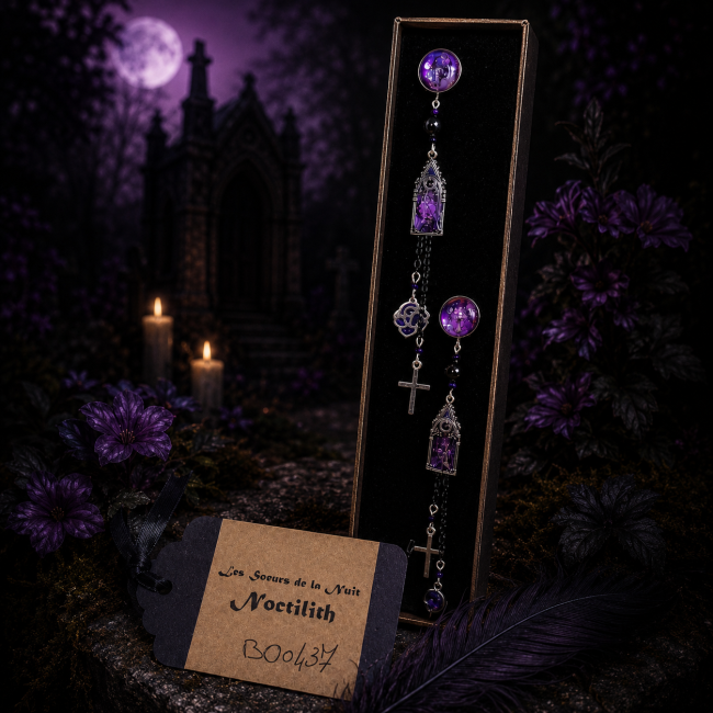 Noctilith – Boucles d’Oreilles Gothiques en Écrin | Les Sœurs de la Nuit Boucles d’oreilles Noctilith présentées dans leur écrin avec carte d’identification dans un décor de vieux cimetière gothique aux lumières violettes et bougies.
