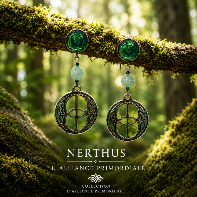 Au cœur d'une forêt nordique baignée de lumière, les boucles d'oreilles Nerthus révèlent leurs émaux verts translucides et leur jade naturel. Une création artisanale inspirée des forces primordiales de la nature et des légendes scandinaves.