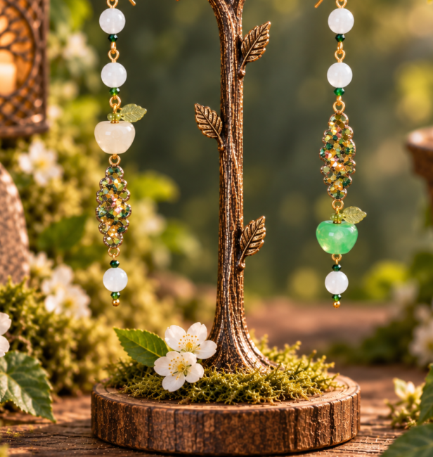 Le Jardin d’Idunn – Boucles d’oreilles viking émaillées à la main Une vue détaillée de Le Jardin d’Idunn, révélant les nuances de l’émaillage artisanal et les finitions délicates de ce bijou inspiré des légendes vikings et du jardin d’Idunn.