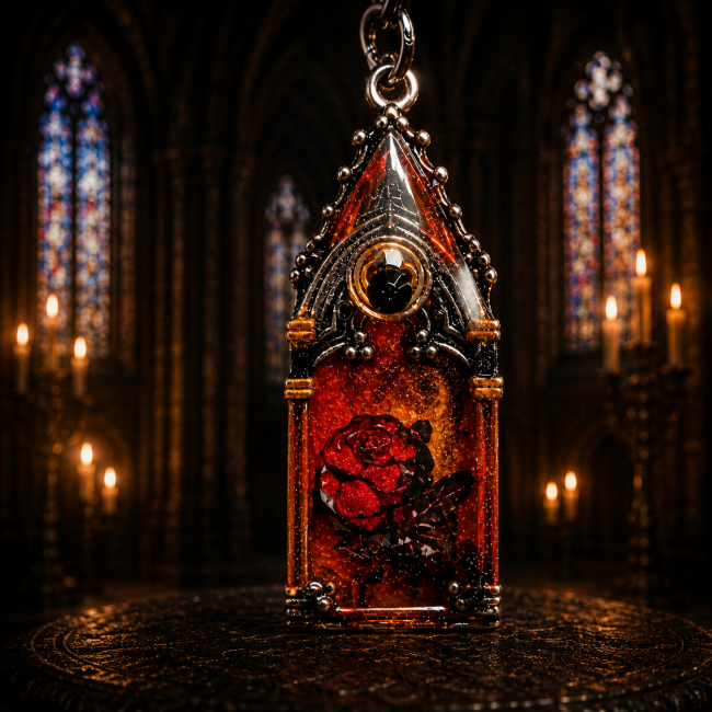 pendentif vitrail gothique rose rouge Calvéraëlle boucles doreilles longues jpg Reliquaire miniature gothique Calvéraëlle avec rose rouge enfermée dans une structure inspirée des vitraux de cathédrale.