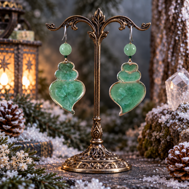 Vue arrière des boucles d’oreilles Le Trésor de Fulla avec émaillage vert artisanal