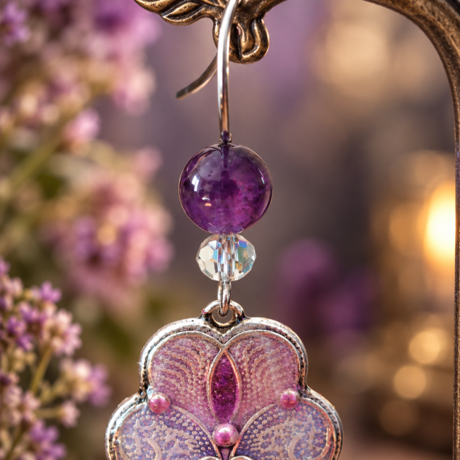Ce gros plan présente le crochet argenté orné d’une améthyste naturelle et d’une perle en verre transparent, associés au pendentif émaillé artisanal.
