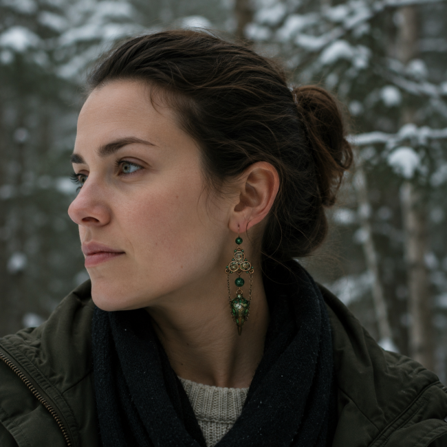 Femme portant des boucles d’oreilles corbeau et chrysocolle dans une forêt enneigée. Style contemporain et inspiration nordique mystique.