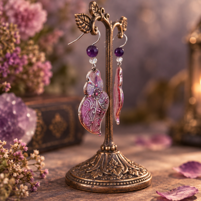 Cette vue de profil révèle le relief et la finesse du travail artisanal du Voile de Fulla, pièce unique aux nuances de rose et de lilas avec améthyste.