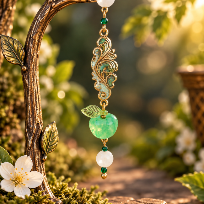 Le Jardin d’Idunn – Détail de l’émaillage artisanal et pomme verte Zoom sur l’ornement doré émaillé à la main et la pomme verte des boucles d’oreilles Le Jardin d’Idunn.