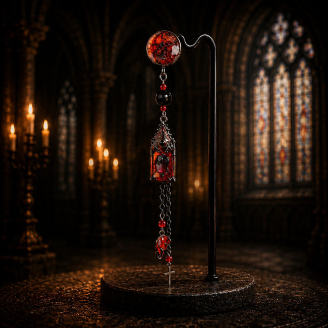 boucles doreilles longues noctilith gothiques rouge noir vitrail cathedrale les so Boucle d’oreille gothique artisanale Calvéraëlle avec rose rouge mystique, chaînes noires et croix suspendue dans une ambiance cathédrale.