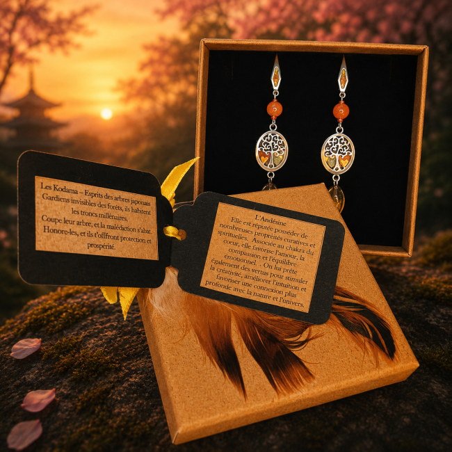 Hi no Kodama coffret bijoux artisanaux collection Kodama esprit japonais Boucles d’oreilles artisanales Hi no Kodama présentées dans un décor japonais poétique au coucher du soleil. Coffret raffiné, arbre de vie argenté, perles orangées et pampilles translucides dans une ambiance douce et naturelle.