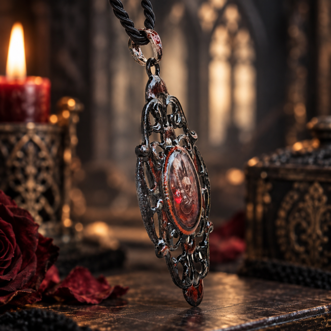 Vue de profil du collier gothique artisanal Les Roses de la Cathédrale Noire