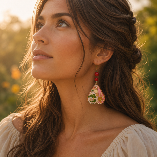 Femme brune aux cheveux longs portant les boucles d’oreilles “Lughnasadh” inspirées des mythologies wicca, ambiance nature et lumière dorée.