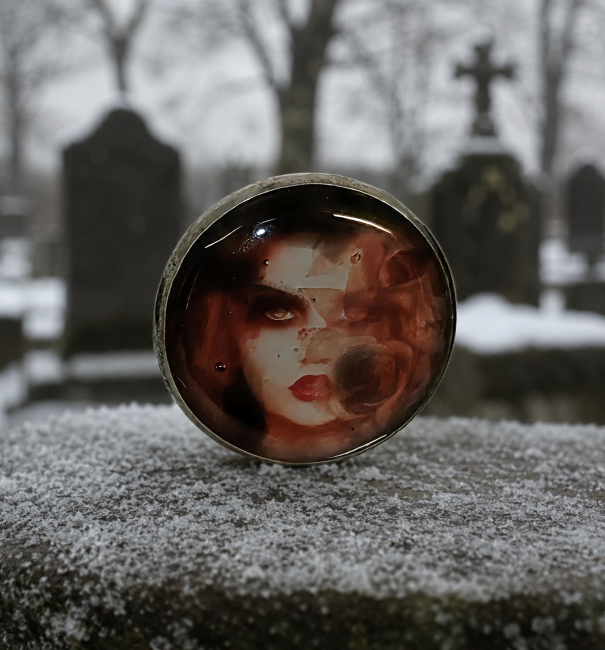 Boucle d’oreille gothique Hell – Portrait dark romantique Boucle d’oreille gothique artisanale “Hell” avec portrait féminin mystérieux. Univers dark romantique, ambiance cimetière enneigé et esthétique alternative raffinée.