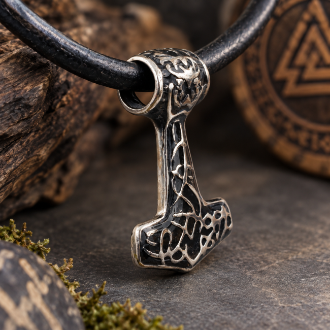 Collier viking en cuir et pendentif agenre – Vue de trois-quarts Une vue de trois-quarts du pendentif viking agenre révèle ses motifs inspirés de la mythologie nordique et son cordon en cuir noir.