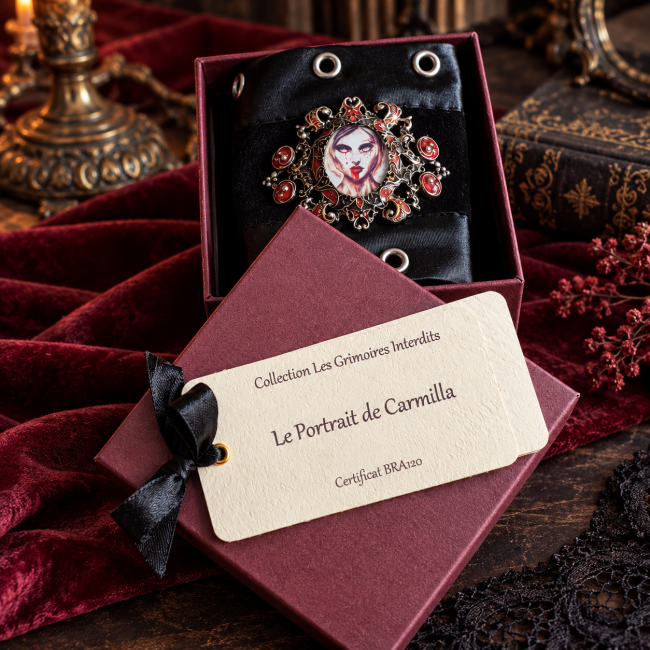 Manchette gothique Le Portrait de Carmilla présentée dans un écrin bordeaux, accompagnée d’une carte d’identification portant le nom de la collection Les Grimoires Interdits.