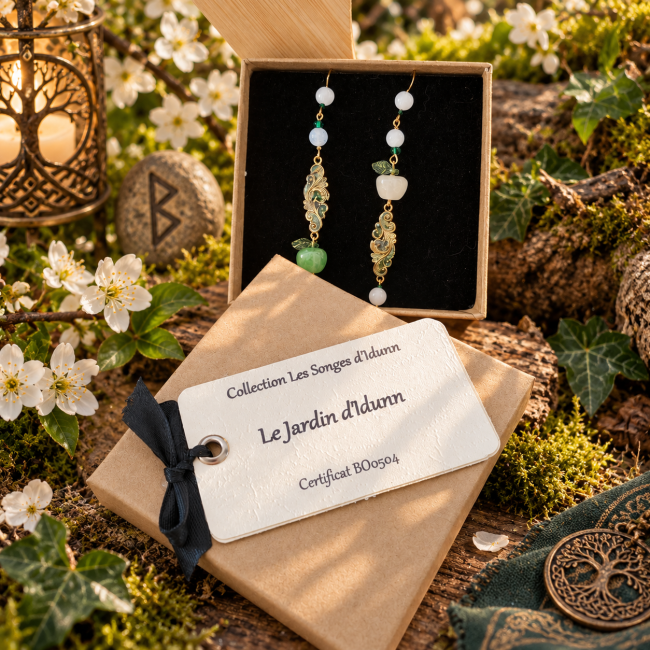 Le Jardin d’Idunn dans son écrin – Bijou viking artisanal Boucles d’oreilles Le Jardin d’Idunn présentées dans leur écrin avec carte d’identification.