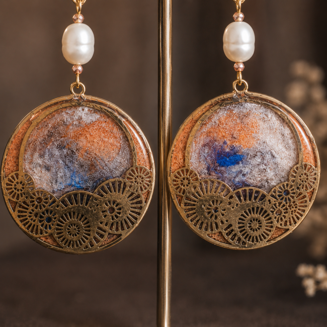 Détail des émaux des boucles d'oreilles L'Aube de Kyōto Gros plan des deux pendants des boucles d'oreilles L'Aube de Kyōto montrant les nuances naturelles de l'émail artisanal.