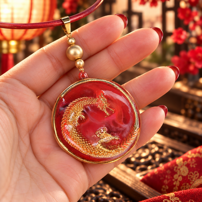 Médaillon rond Ao Chin avec dragon doré en relief et émaillage rouge translucide présenté dans la main