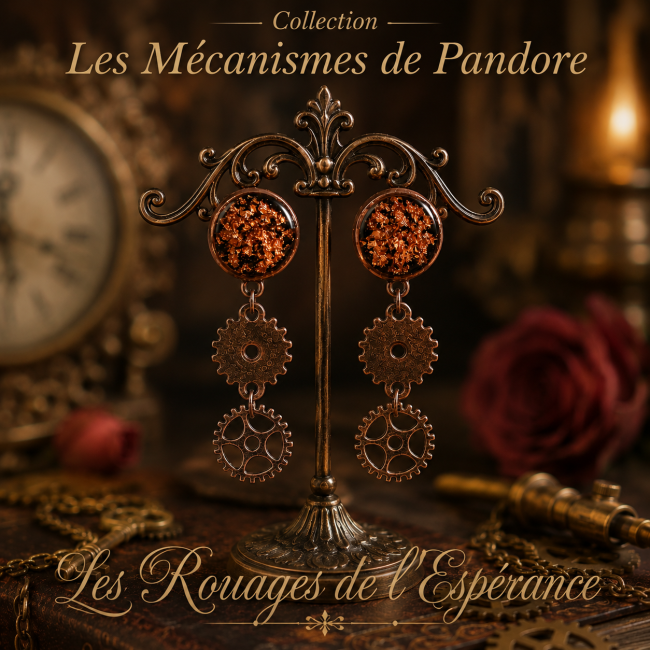 Les Rouages de l'Espérance – Image principale | Collection Les Mécanismes de Pandore Boucles d'oreilles steampunk Les Rouages de l'Espérance sur présentoir décoratif – Collection Les Mécanismes de Pandore