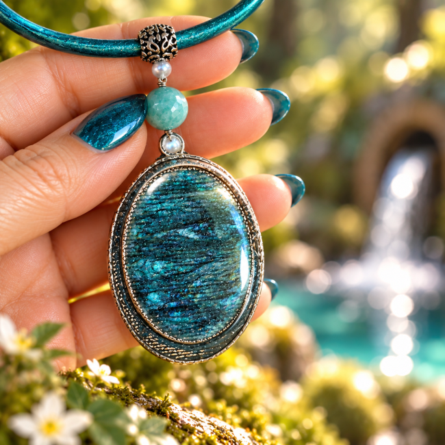 Montage de quatre vues détaillées de l’arrière d’un collier artisanal turquoise, montrant les perles de jade, les attaches métalliques, la chaîne de prolongement et les finitions du pendentif.