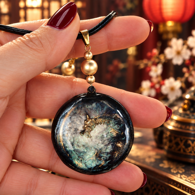 Dos du médaillon Ao Jun avec décor sombre transparent et finition dorée du collier