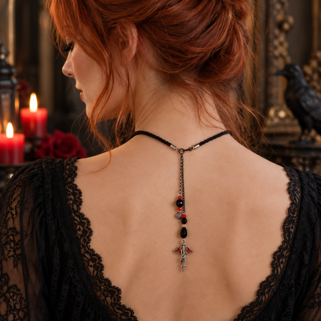 Arrière du collier gothique La Clef du Sang de Dragon avec chaîne d’extension et fermeture ajustable Cette vue exclusive montre l’arrière du collier, sa fermeture et sa chaîne d’extension permettant d’ajuster le porté tout en conservant l’esthétique gothique de la création.