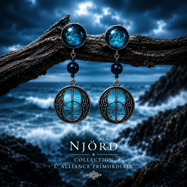 Boucles d'oreilles vikings Njörd – L'Alliance Primordiale | Bijou artisanal nordique Découvrez les boucles d'oreilles vikings Njörd de la collection L'Alliance Primordiale. Un bijou artisanal inspiré des océans nordiques, mêlant émaillage bleu transparent, symboles celtiques et élégance scandinave dans une ambiance marine sauvage.