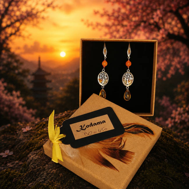 Boucles d’oreilles Hi no Kodama écrin japonais coucher de soleil Présentation des boucles d’oreilles Hi no Kodama dans leur écrin artisanal accompagné des cartes d’identification et de lithothérapie. Univers inspiré des Kodama japonais, lumière dorée, cerisiers en fleurs et ambiance estampe japonaise.