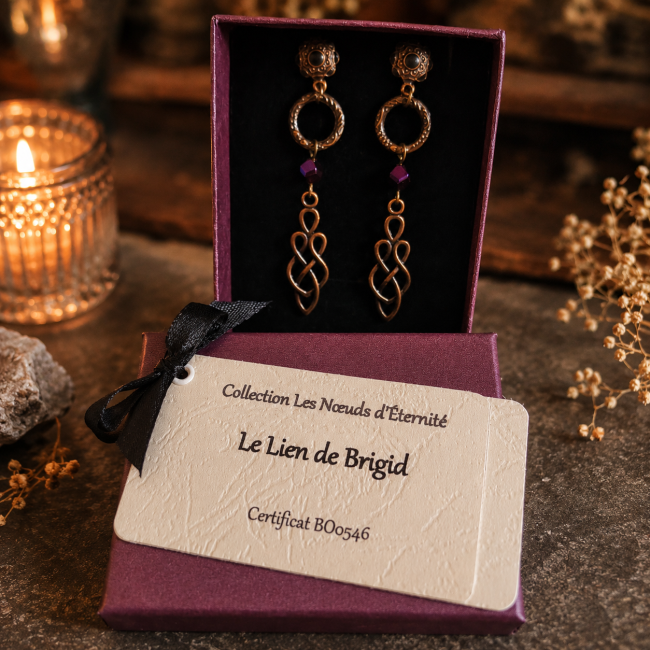 Le Lien de Brigid dans son écrin cadeau | Les Fantaisies d'A Boucles d'oreilles Le Lien de Brigid présentées dans leur écrin avec certificat d'authenticité, collection Les Nœuds d'Éternité.