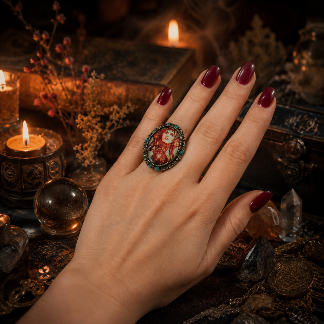 La Prêtresse Écarlate portée au doigt dans un décor mystique inspiré des anciens cabinets d’astrologie et d’alchimie, mettant en valeur son médaillon émaillé aux teintes orangées et turquoise.