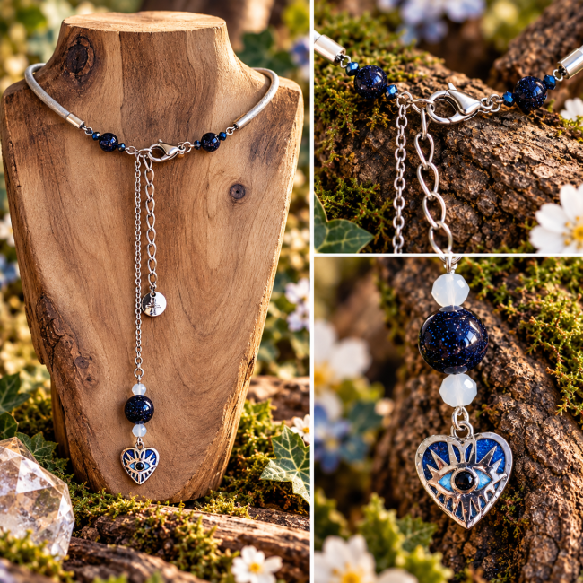Détails du collier artisanal avec médaillon en forme de cœur et œil de protection, perles en Pierre de Soleil Blue, chaîne argentée  et fermoir mousqueton.