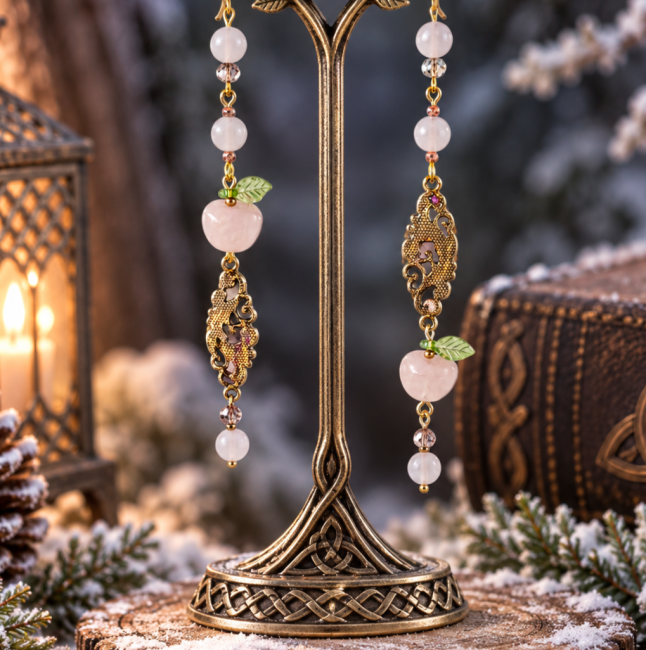 Le Fruit d’Éternité – Boucles d’oreilles artisanales vue arrière Vue arrière des boucles d’oreilles Le Fruit d’Éternité, ornements dorés émaillés à la main et perles de quartz rose