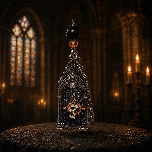 Zoom sur le pendentif gothique des boucles d’oreilles Lucerna Mortis avec motif crâne mystique dans une cathédrale gothique éclairée à la bougie.